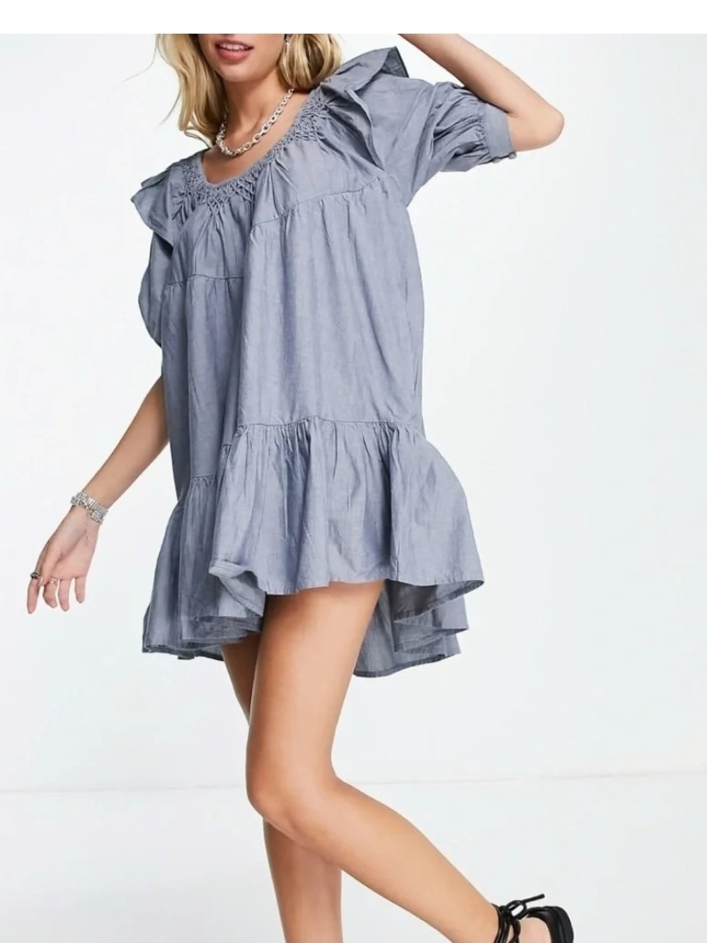 Free People Light Gray-Blue Ruffle Tiered Mini Dress
